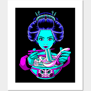 Geisha Eating Japanese Ramen In Daruma Bowl Otaku Posters and Art